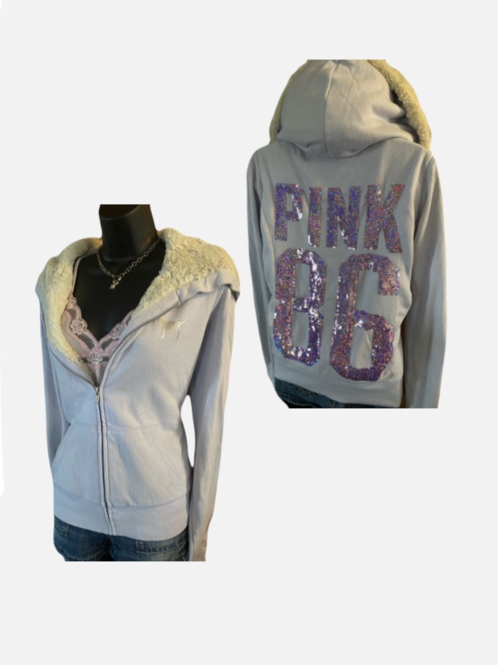 Y2k Victoria’s Secret PINK Pastel Purple Faux Fur Lined Zip Up Hoodie w Sequins